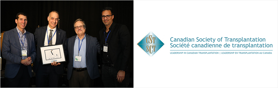 De gauche à droite : Dr Jeffrey Schiff, ancien président de la Société canadienne de transplantation (SCT), Dr Steve Paraskevas, Dr Jean Tchervenkov, membre de la SCT et présentateur, CUSM, Dr Jag Gill, président de la SCT. (Crédit photo : SCT)