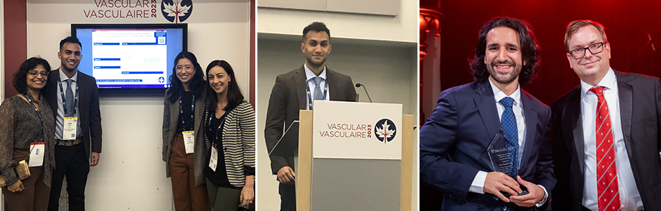 Research trainees of Dr. Kaberi Dasgupta (pictured at far left) had an active role at the Vascular 2023 conference, including Dr. Isabella Albanese (fourth from left), Joseph Mussa (centre) and Dr. Husain Hasan (second from far right)
