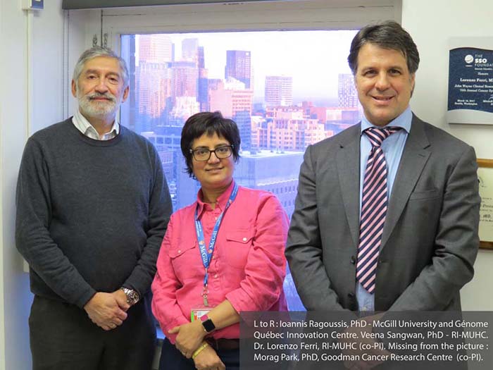 L to R: Ioannis Ragoussis, PhD - McGill University and Génome Québec Innovation Centre. Veena Sangwan, PhD - RI-MUHC. Dr. Lorenzo Ferri, RI-MUHC (co-PI). Missing from the picture: Morag Park, PhD, Goodman Cancer Research Centre (co-PI).