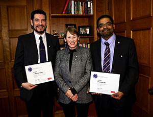 McGill Principal Suzanne Fortier with the winners of this year’s Principal’s Prize for Public Engagement through Media, PhD candidate José Mauricio Gaona (left) in the category for graduate students and post-doctoral fellow category, and Dr. Madhukar Pai (right) in the academic staff category.