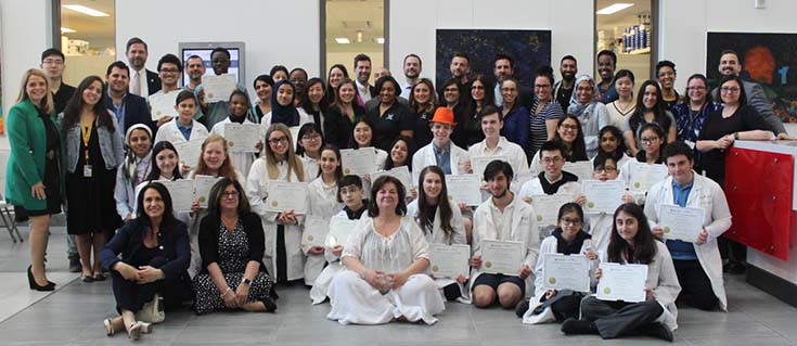 All those who took part in this STEAM initiative: Students and teachers from Lester B. Pearson, Marymount Academy, John Paul I, Laurier Macdonald, Vincent Massey Collegiate, and John Grant EMSB High Schools; EBSM representatives; Ms. Guest representing the Honourable Marc Garneau Office; masters and PhD students (scientific mentors) from Dr. Burnier, Dr. Mazer, Dr. Metrakos, Dr. Ndao, and Dr. Stellwagen’s laboratories; team members from the Centre of Innovative Medicine; and the RI-MUHC’s coordinator of the project, Ms. Koulis. All those who took part in this STEAM initiative: Students and teachers from Lester B. Pearson, Marymount Academy, John Paul I, Laurier Macdonald, Vincent Massey Collegiate, and John Grant EMSB High Schools; EBSM representatives; Ms. Guest representing the Honourable Marc Garneau Office; masters and PhD students (scientific mentors) from Dr. Burnier, Dr. Mazer, Dr. Metrakos, Dr. Ndao, and Dr. Stellwagen’s laboratories; team members from the Centre of Innovative Medicine; and the RI-MUHC’s coordinator of the project, Ms. Koulis.