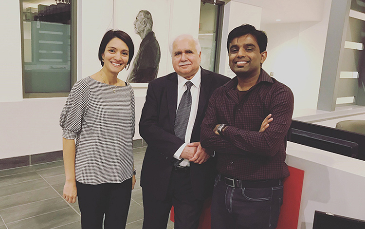 Doctoral student Niaz Mahmood (right) and Lab supervisor Ani Arakelian (left) with RI-MUHC senior scientist Dr. Shafaat Rabbani. (Fall 2019)