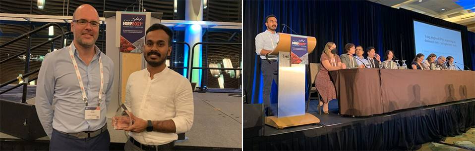 Left to right: John Kildea, PhD, scientist at the Research Institute of the MUHC, and doctoral student Felix Mathew; on the right, Felix Mathew presents at the 2022 joint conference of the International Commission on Radiological Protection and the Canadian Radiation Protection Association