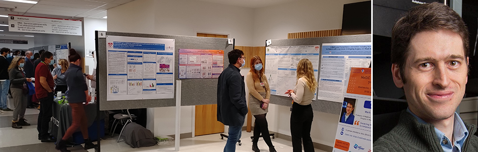 In-person poster sessions at the seventh annual MeDiC Program Research Day held November 24, 2022, at the Glen site of the RI-MUHC (left); keynote speaker Mark Andermann, PhD, from Harvard University (right)