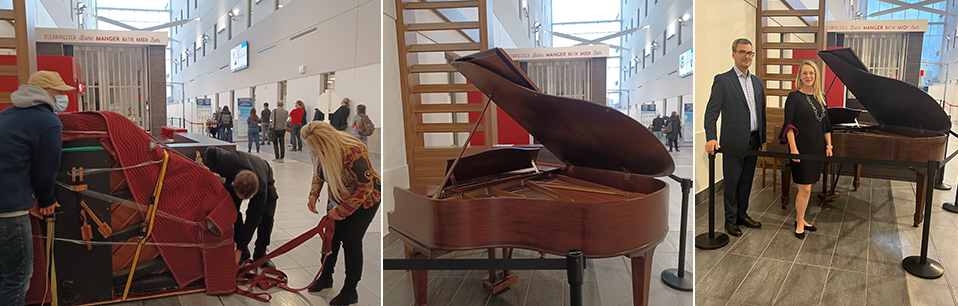 The piano was welcomed by Gilbert Tordjman from the RI-MUHC and Julie Quenneville from the MUHC Foundation