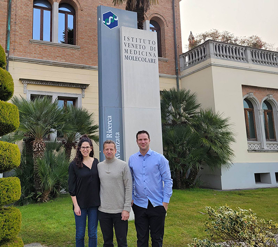 Lead authors Jean-Philippe Leduc-Gaudet, PhD, and Anais Franco-Romero, PhD, with Marco Sandri, MD, PhD, at the Veneto Institute of Molecular Medicine (VIMM) in Padova.