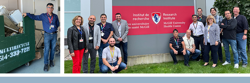 More than 5,100 kg of waste was triaged for recycling during the 2023 Laboratory Spring Cleanup at the RI-MUHC. The program was managed by the RI-MUHC Technical Services team (several members pictured on right); Reza Shekari (left) stands with a MultiRecycle waste receptacle.