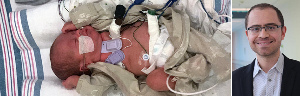 Les nouveaux dispositifs portables permettent d'écouter les sons pulmonaires chez les bébés prématurés. Wissam Shalish, M.D., Ph. D., est coauteur de la publication dans Nature Medicine.