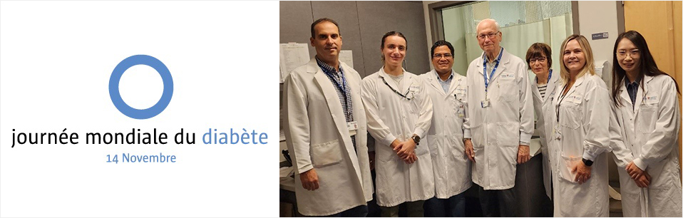 (De gauche à droite) Michael Tsoukas, M.D., Marco Marcogliese, B. Sc., Sergio Burgos, Ph. D., Errol Marliss, M.D., Marie Lamarche, B. Sc., Catherine Vanstone, IA, et Yi Jin, Dt.P. (De gauche à droite) Michael Tsoukas, M.D., Marco Marcogliese, B. Sc., Sergio Burgos, Ph. D., Errol Marliss, M.D., Marie Lamarche, B. Sc., Catherine Vanstone, IA, et Yi Jin, Dt.P.