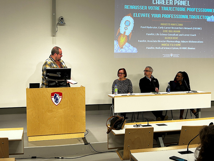 (from left to right) Augusto Montezano, PhD, of the RI-MUHC’s EArly and mid-CAreer REsearchers network (EACARE), Dr. Edie Dullaghan, keynote speaker, Oliver Kent, PhD, associate director of pharmacology at AdMare Bioinnovations, and Nadège Fils-Aimé, PhD, a former RI-MUHC trainee and medical science liaison in oncology at Merck.