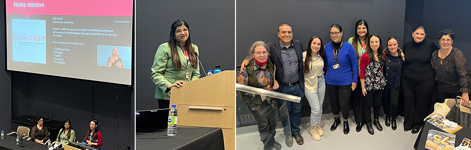 Presentation by Audrey Daigneault of AIM CROIT (left), Jini John (centre). Photo on right shows members of the RI-MUHC EDI team with invited members of the expert panel, including (from left) Susanne Bazin, Diego Herrera, Mariam Mkrtchian, Rebeca Varela, Jini John, Audrey Daigneault, Cynthia Del Vecchio, Sonia Rea, and Mélissa Lévy.