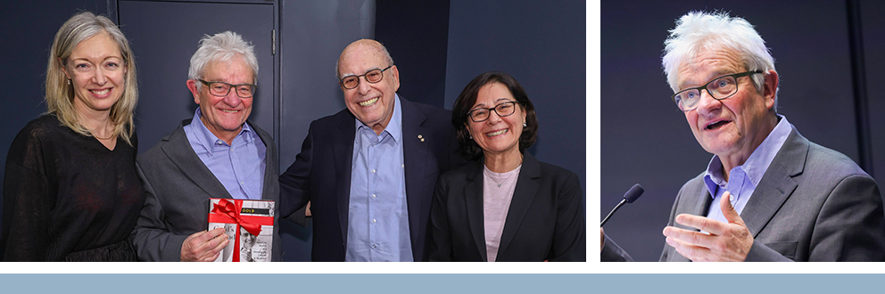 At left: Stephanie Riddell, President and CEO, MGH Foundation; Nobel laureate Professor Sir Paul Nurse ; Dr. Phil Gold; and Dr. Rhian Touyz, Executive Director and Chief Scientific Officer, RI-MUHC. At right: Professor Sir Paul Nurse speaks at the RI-MUHC. Photos by Owen Egan and Joni Dufour.