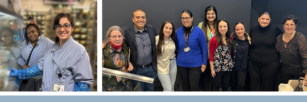 At left, Sylvie-Mireille Bambi interns with RI-MUHC technician Carla Iacovelli for a day in the DuoEmploi program. Photo on right shows members of the RI-MUHC EDI team with invited members of an expert panel, including (from left) Suzanne Bazin, Diego Herrera, Mariam Mkrtchian, Rebeca Varela, Jini John, Audrey Daigneault, Cynthia Del Vecchio, Sonia Rea, and Mélissa Lévy.