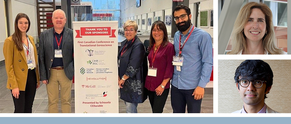 À gauche, le comité organisateur du premier congrès canadien sur la géroscience translationnelle : Andréa Faust, Gustavo Duque, Andrée Sicard, Nicole Lavigne et Guy Hajj-Boutros (de gauche à droite). En haut à droite : Marina Klein, M.D., M.Sc., a été le fer de lance de 20 ans de recherche sur le VIH et le VHC. En bas à droite : Abhinav Sharma, M.D., Ph. D., fait partie de la cohorte 2023 des Salim Yusuf Emerging Leaders (leaders émergents) de la World Heart Foundation.