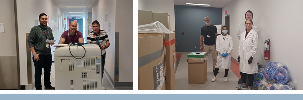 At left, Reza Sabaei, Chadi Nassar and Olivian Ruse (Technical Services Division, RI-MUHC) move obsolete research equipment to be recycled. At right, Jose Mansure, Tanvi Anil Javkar, Leif Leclaire and Nadia Boufaied (Cancer Research Program) act as recycling ambassadors – a vital part of the recycling program's success at the RI-MUHC.