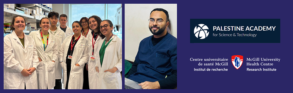 Sondos Odeh (left photo, centre front) and Abdulwhhab Abu Almrain (right photo) are recipients of the prestigious Palestinian Quebecer Science Bridge (PQSB) award in 2025. They are collaborating with Darcy Wagner (left photo, 2nd from left) and her research team for a 6 month project at The Institute.
