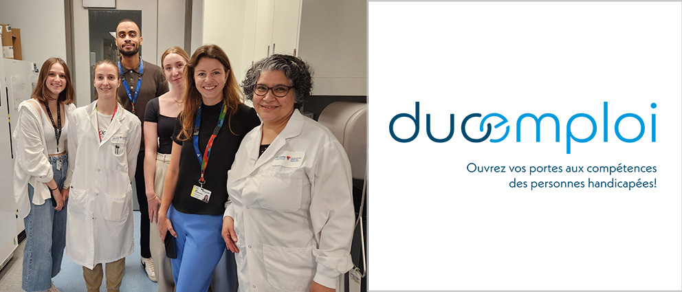 Members of the Burnier lab at the RI-MUHC were pleased to welcome Alejandra De La Toba for a one-day internship through the DuoEmploi program. Pictured from left, Alexandra Bartolomucci, Laura Kienzle, Kyle Dickinson, Ella Cloutier, Julia Burnier, Alejandra De La Toba. Photo credit: Diego Herrera