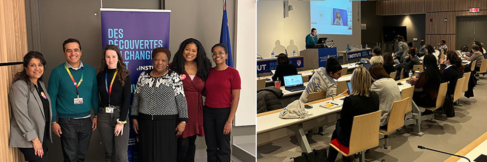 (From left to right) Seeta Ramdass, Associate Director of EDI, Office of SACE of the McGill Faculty of Medicine and Health Sciences, Diego Herrera, EDI Specialist, Aurore Palanque, EDI Advisor, Yvonne Sam, Chair of Rights and Freedoms, BCRC, Audrey Sika Mvidubuli, and Kaye-Anne Bunting, Administrative Coordinator, Indigenous Health Professions Program and Office of SACE.