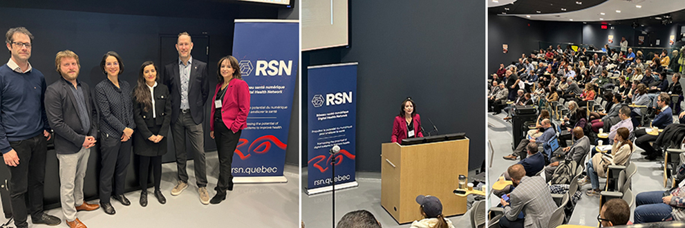 De gauche à droite sur la photo de groupe : Philippe Després, Martin Vallières, Aude Motulsky et Bouchra Nasri, tous cordirecteurs du Réseau santé numérique (RSN); David Buckeridge, directeur du centre de recherche en santé numérique à L’Institut; et la Dre Sara Ahmed, directrice du RSN.