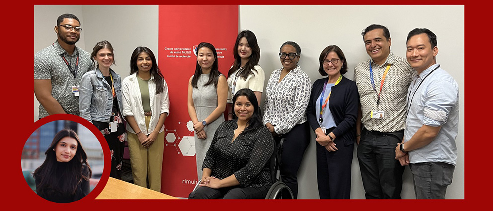 Les prix pour l'équité, la diversité et l'inclusion dans la recherche sur les soins de santé reconnaissent l'excellence académique des étudiants en médecine et en sciences de la santé issus de groupes racialisés. De gauche à droite, Nicholas Hickens (lauréat), Emily Bell (directrice associée, Centre Desjardins de formation avancée, IR-CUSM), Zafina Budhwani (lauréate), Jéssica Ding (lauréate), Yichun Sun (lauréate du prix), Suleima Jacob-Tomas (lauréate, devant), Sacha Williams (lauréate), Rhian Touyz (directrice exécutive et scientifique en chef, IR-CUSM), Diego Herrera (spécialiste de l'équité, de la diversité et de l'inclusion, IR-CUSM), Thupten Tsering (lauréat). Encadré : Hani Rukh-E-Qamar (lauréate)