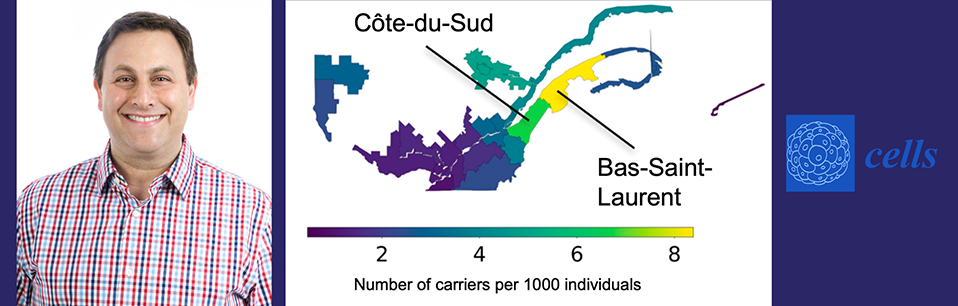 Adam Shapiro (left) is an investigator in the Child Health and Human Development Program at The Institute. On right, regional frequency estimation of the ODAD4 c.245delA variant in Quebec. Reprinted from Bourassa et al. (2025), “ODAD4-related primary ciliary dyskinesia: report of five cases and a founder variant in Quebec,” Cells, 14(18), 1460.