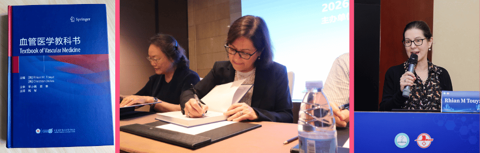 Dr. Touyz signs copies of the Chinese-language edition of Textbook of Vascular Medicine — the widely used reference work she co-edited with Dr. Christian Delles.