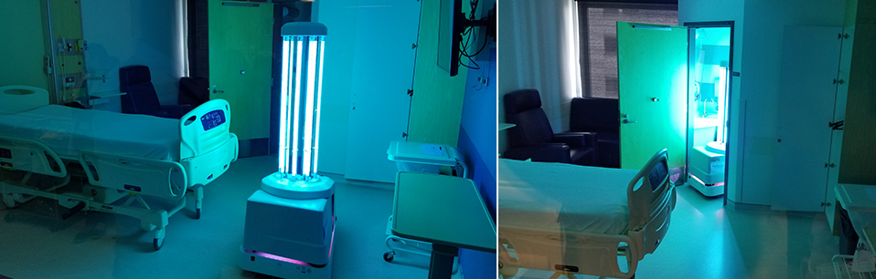 Sterilizing a room is a labour-intensive process taking hours, but the UV-disinfection robot can do it in a fraction of the time, sparing cleaning staff the risk of infection