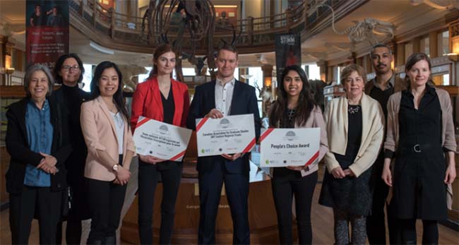 Presentation of prizes at the 2018 3MT finals at McGill University: Surashri Shinde-Jadhav, a student in Dr. Wassim Kassouf’s laboratory, is fourth from right
