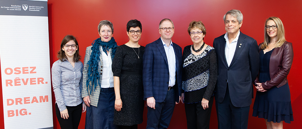 The Trottier Family Foundation with MUHC Foundation staff and board members (L-R): Caroline Lavoie, Lucy Riddell, Claire Trottier, Aron Klein, Louise Rouselle Trottier, Lorne Trottier and Julie Quenneville. The Trottier Family Foundation donated $2.4 million to support COVID-19-related research and programs.