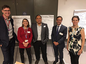Organizing Committee for the MUHC Consortium for Rare Disease Research (from L to R): researchers John Mitchell (pediatric endocrinologist), Nancy Braverman (medical geneticist), Donald Vinh (infectious diseases/medical microbiology) and Arnold Kristof (respirologist/intensivist), with Inga Murawski (Manager, Translational Research in Respiratory Diseases Program, RI-MUHC), at the inaugural strategic symposium (October 2018).