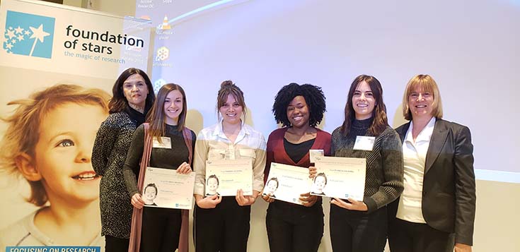 Presentation of prizes at the third Congrès provincial de la recherche mère-enfant at the Research Institute of the MUHC, May 17, 2019, left to right:  Sylviane Chatel (Foundation of Stars); prize-winners Melissa Bélanger, Virginie Gaudreault, Benjhyna Daniel, and Marie-Julie Allard; and Josée Saint-Pierre (director, Foundation of Stars) 