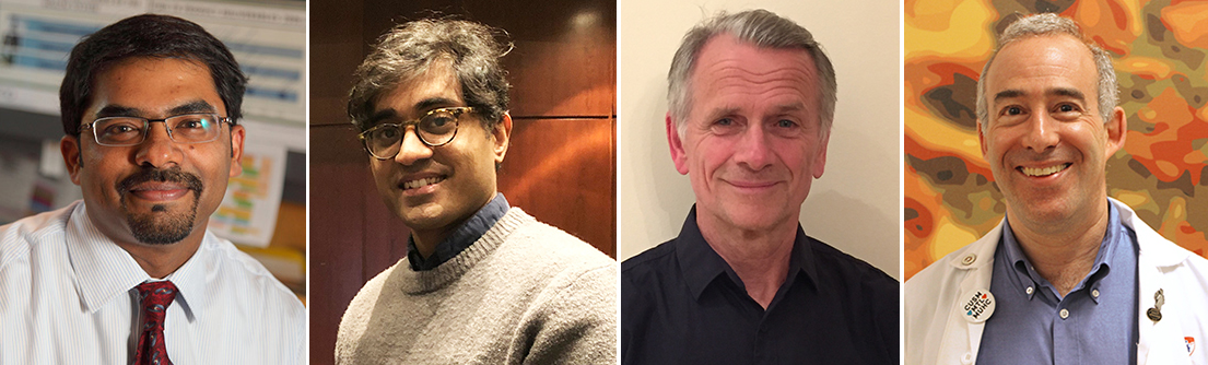 Des chercheurs du Centre international de TB McGill à l’IR-CUSM font des efforts pour sensibiliser le public et éradiquer la tuberculose. (g à d) Les Drs Madhukar Pai, Faiz Ahmad Khan, Dick Menzies, et Kevin Schwartzman.