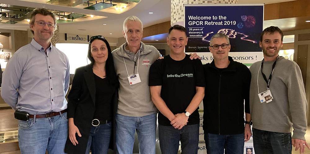 Members of the 2019 GPCR Retreat organizing committee with Dr. Brian Kobilka. Left to right:  Professors and researchers Eric Marsault (University of Sherbrooke), Christine Lavoie (University of Sherbrooke), Brian Kobilka (2012 Nobel laureate in chemistry), Richard Leduc (University of Sherbrooke), Stéphane Laporte (McGill University and Research Institute of the MUHC) and Louis Gendron (University of Sherbrooke). Missing in the photo is Stephen Ferguson (University of Ottawa).