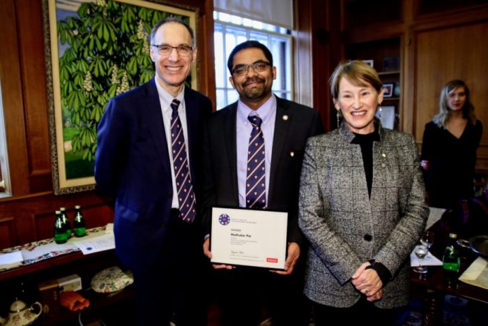 McGill Principal Suzanne Fortier with the winners of the 2018 Principal’s Prize for Public Engagement through Media, PhD candidate José Mauricio Gaona (left) in the category for graduate students and postdoctoral fellow category, and Dr. Madhukar Pai (right) in the academic staff category.