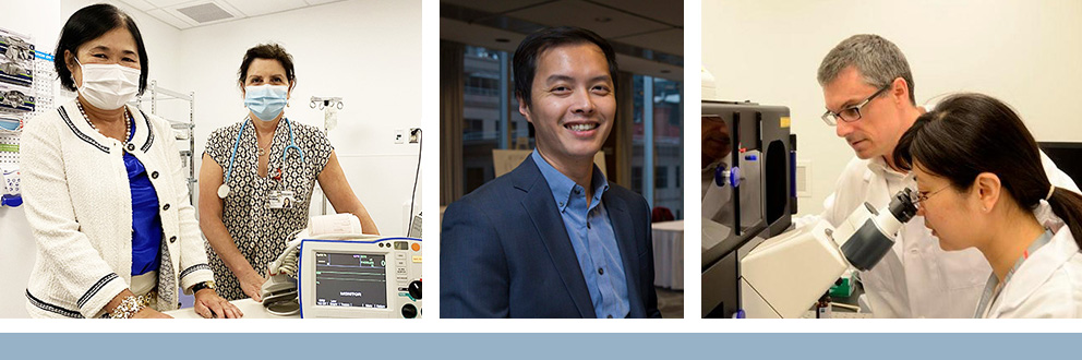 De gauche à droite : la chercheuse de l’IR-CUSM Thao Huynh, M.D., Ph. D., et Caroline Boudreault, infirmière, chargée de projets et chef d'équipe en recherche cardiovasculaire; Wei-Hsiang Huang, Ph. D.; et le chercheur Stéphane Laporte, Ph. D., avec Min Fu, Ph. D., gestionnaire de la Plateforme d’imagerie moléculaire à l’IR-CUSM.